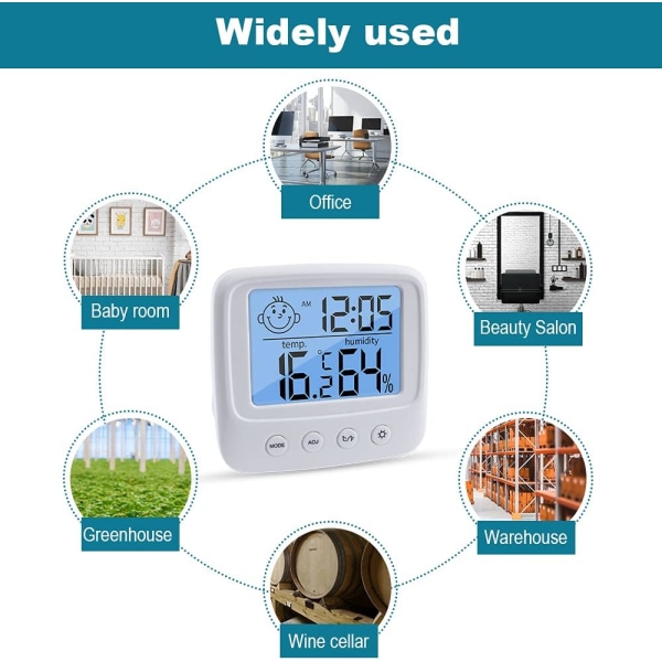 Digitalt hygrometer innendørs termometer romtermometer og fuktighetsmåler med temperaturfuktighetsmonitor, bakgrunnsbelysning, klokke og ℃/℉-funksjon