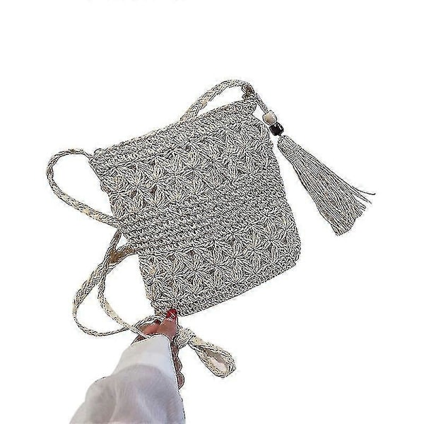 Halmväska Strand Vävd Halm Axelväska med Tofsar Boho Ihålig Virkad Crossbody Beige