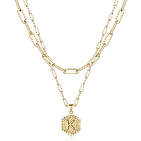 Snyggt guldhalsband för kvinnor - 14K massivt guld över lagerhalsband för kvinnor Söta Hexagon Letter Initial Halsband Letter K