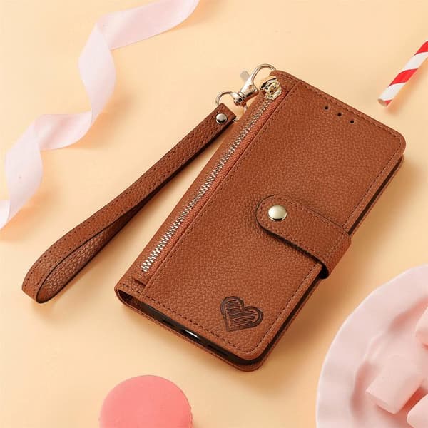 iPhone 17 Case Leather Case with Love Zipper Lanyard