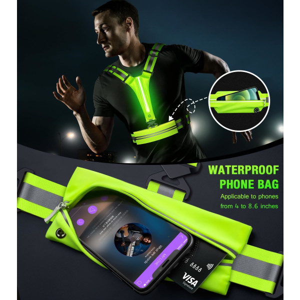 LED-reflexväst löparutrustning, USB uppladdningsbar Light Up-löparväst för nattvandring med vattentät telefonväska, hög synlighet Armband-grön