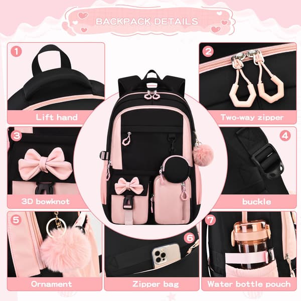 Backpack for Primary and Secondary School Students, Simple Three-Piece Set Black Pink