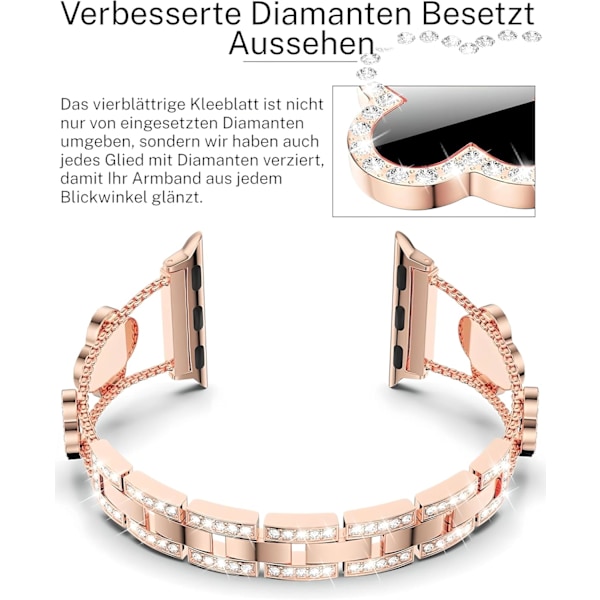 Bling Diamond Lucky Clover Damarmband Kompatibelt med Apple Watch Armband 38mm - 46mm Series SE 10 - 1, Sött Klänning Glittrande Diamantarmband Rose gold + black 42/44/45MM