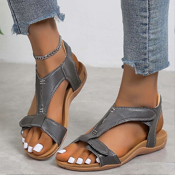Retro flate skinn sandaler for kvinner, lette sklisikre strandsko for shopping og dating Grey 41