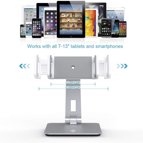 Tabletthållare, justerbar i flera vinklar, solid tabletthållare i aluminium, lämplig för 4``-14'' surfplatta/mobiltelefon