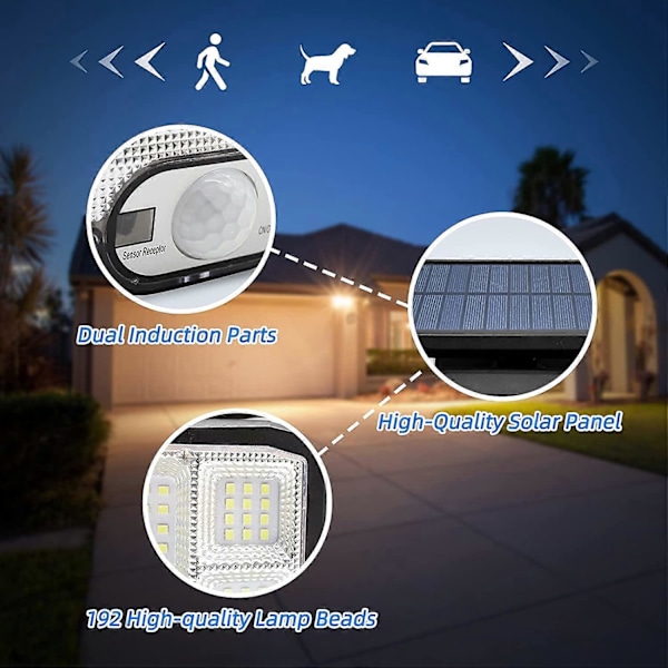 Solcellelampe Utendørs Vegglampe LED-lys 3 Hoder 192 LED Bevegelsesdetektor Sikkerhetsflomlys Belysning IP65 Vanntett Solcelledrevet Lampe
