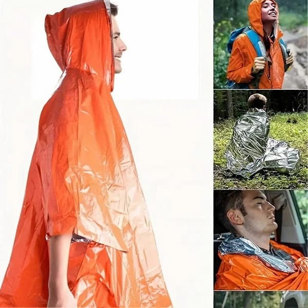 Nødregnponcho - med hætte og varmetæppe - til camping og vandreture Orange 2pcs