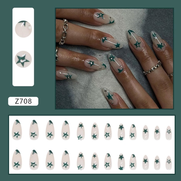 Green Star Rhinestones falska naglar Långa mandelpressar på naglar Blanka nakna lösnaglar med lim på naglar Återanvändbar cover akryl konstgjorda naglar