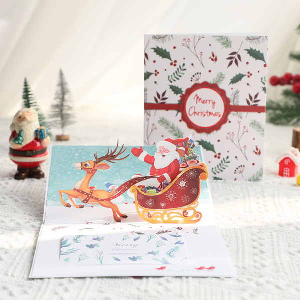 Jul-popup-kort, 3D-handgjorda jultomte- och hjortarvagnshälsningskort, jul-jul-vinter-nyårs-pop-up-hälsningskort-inklusive kuvert och anteckningsetikett