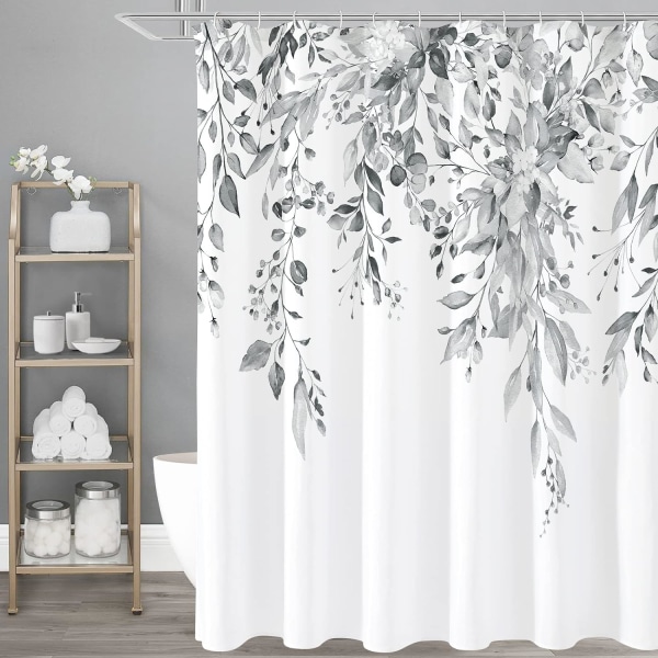 Grå Eucalyptus Duschdraperi, Akvarell Växtblad med Blommig Badrum Duschdraperi Set med Krokar, Grå Vit, 72x72