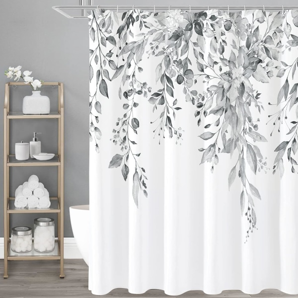 Grå eukalyptusduschdraperi, akvarellväxtblad med blommiga set med krokar, gråvit, 72x72