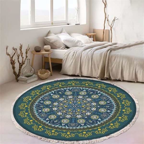 Bomullsvävd rund matta, bohemisk mandalamatta med fransar, halkfri vardagsrumsmatta (60 cm, grön 3)