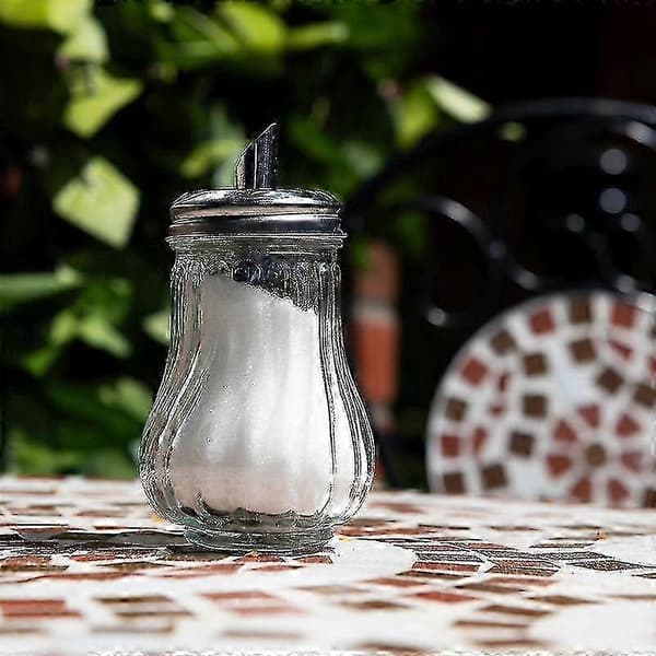 Retro sukkerskål til restaurant, glasdispenser med shaker og hælder
