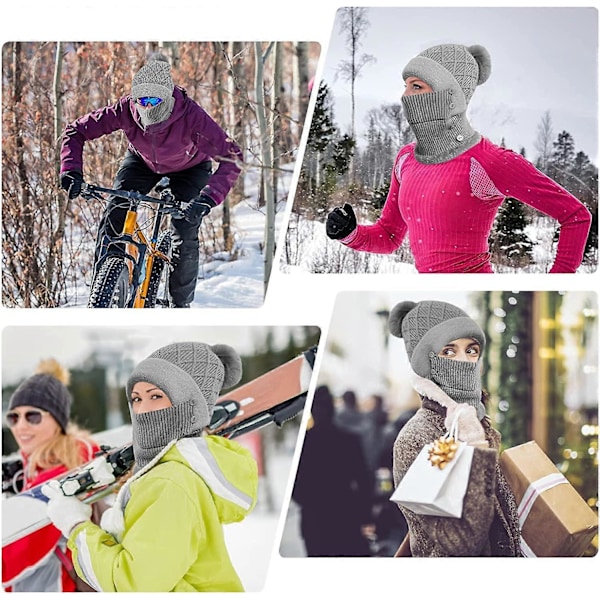 Naisten talvinen lämmin neulottu pipo ja kauluri, kaksinkertainen fleecevuorattu pipo, khaki