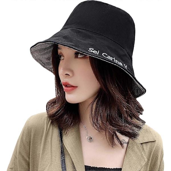 Fiskarehatt Kvinna Bomull Solhatt Vändbar Bucket Hat Strand Solhatt Gul black