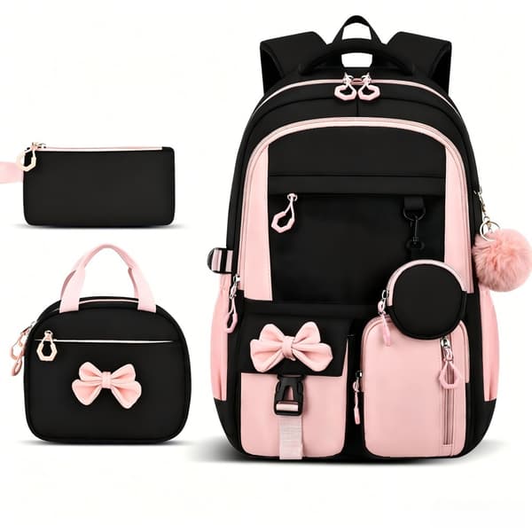 Backpack for Primary and Secondary School Students, Simple Three-Piece Set Black Pink
