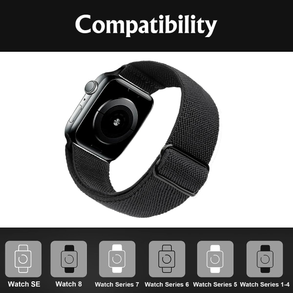 Joustava Apple Watch -ranneke, yhteensopiva 41 mm, 40 mm, 38 mm, mukava, säädettävä urheiluranneke naisille ja miehille - musta