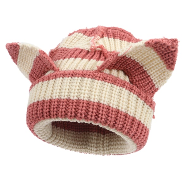 Dame Knitted Beanie Caps Y2K Gothic Katteøre Skull Hat Varmt Vinterhat Sød Djævelhorn Cap Ørebeskytter rosa+beige L（58-60cm）