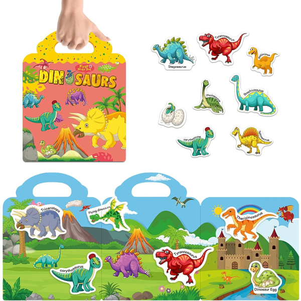 Återanvändbara klistermärken böcker, dinosaurier klistermärken leksaker för barn i åldrarna 2-5, hållbara och icke-häftande, fönsterklämmor för barn
