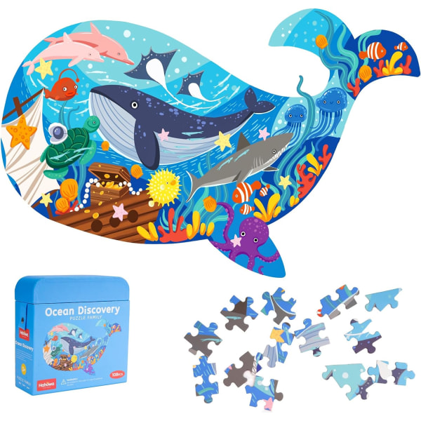 108-bitars Whale-pussel för barn 4-10, havsdjurformade Seaworld Preschool Learning Pedagogiska pusselleksaker för barn (23,38 x 14,72 tum)