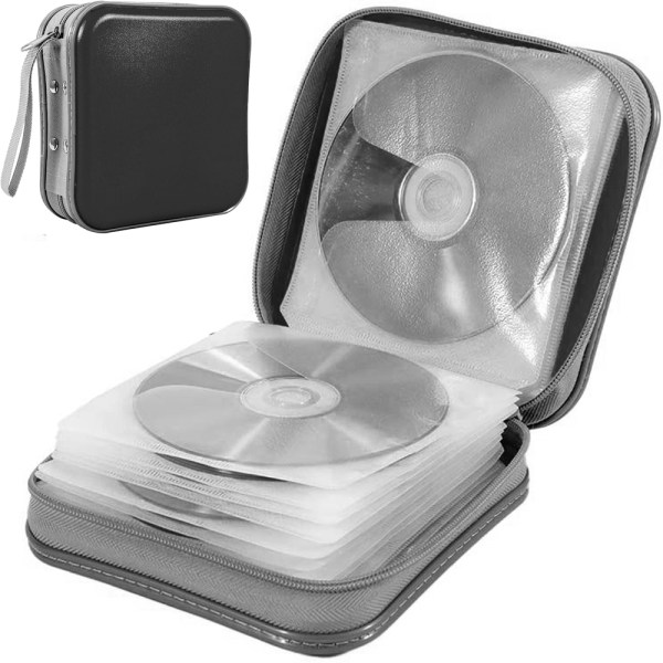 CD- case med 40 kapacitet, styvt DVD- case i plast Bärbar CD- case med dragkedja Stor förvaringsskiva Plånbok Väska-svart