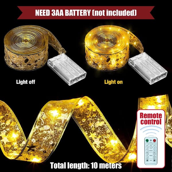 Christmas Tree Light String - 10m LED Fairy String Lights with Remote Control Timer - 8 Lighting Modes - Warm Gold - IP65 Waterproof - Indoor Outdoor Decor