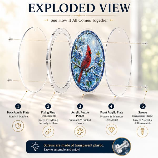 Cardinal Acrylic Puzzle Suncatcher, 83 Pieces DIY Window Decor Winter Cardinal