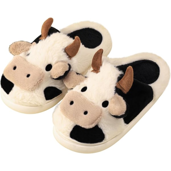 Cartoon Cow Cotton Slippers, Winter Indoor Outdoor Slippers for Women 42-43 yards, foot length 27cm, inner shoe length 28cm-black white