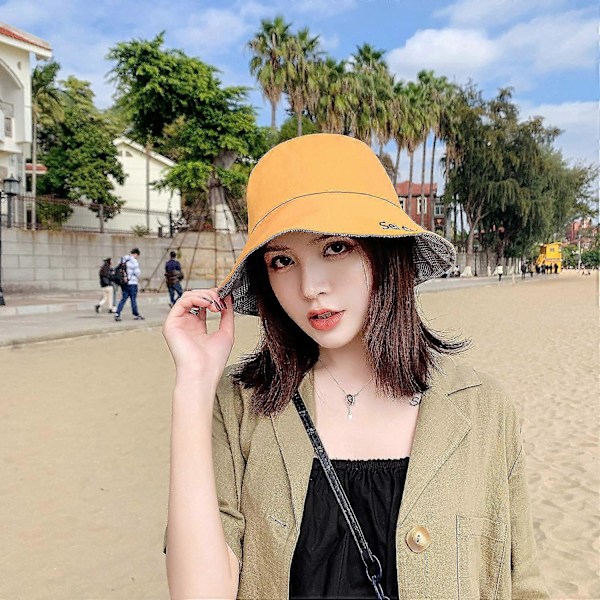 Fiskarehatt Kvinna Bomull Solhatt Vändbar Bucket Hat Strand Solhatt Gul yellow
