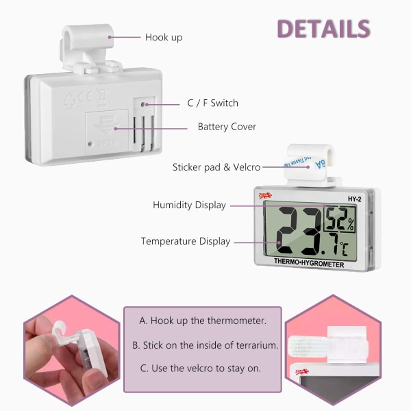 Digitalt termometer hygrometer for reptil terrarium, temperatur- og fuktighetsmonitor i akryl- og glassterrarium, nøyaktig avlesning (1 pakke)