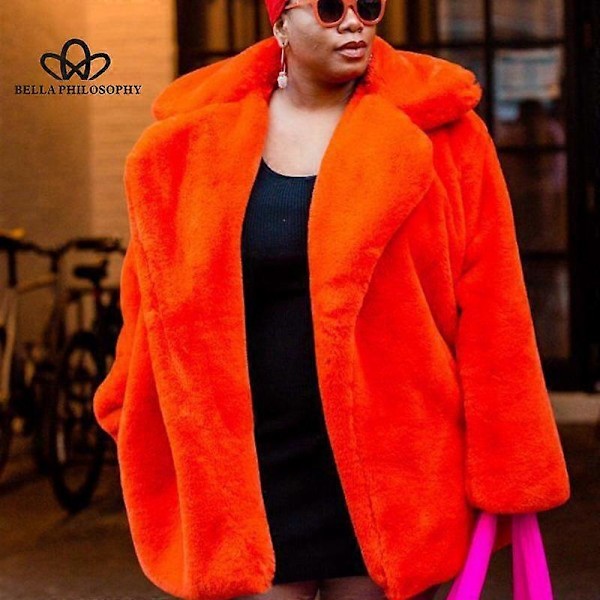 Lang Moderigtig Pels Plys Varm Elegant Afslappet Løs Frakke Vinter Fortykket Revers Fluffy Frakke orange L