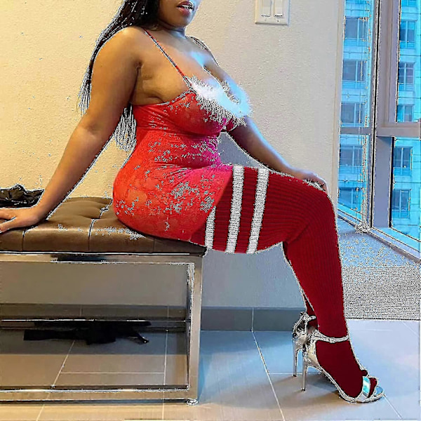 Plus Size Dame Lårstrømper til Tykke Lår - Ekstra Lange Stribede Tykke Over Bourgogne vitt