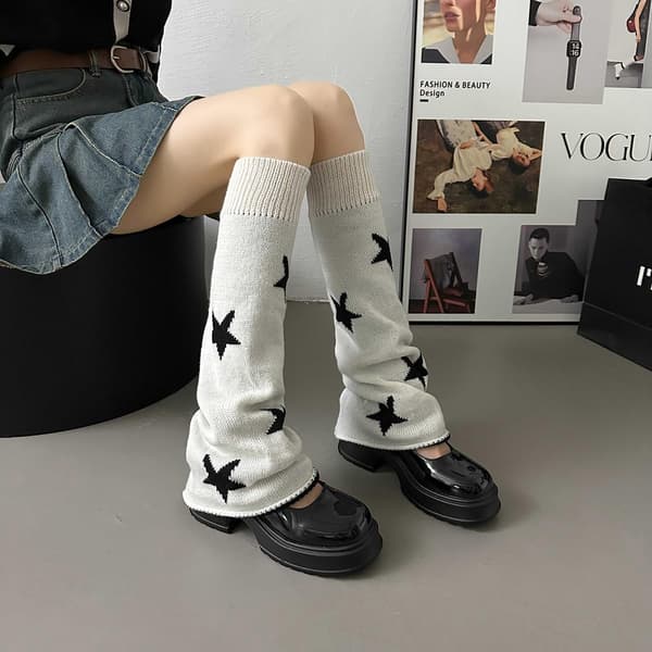 Stribede benvarmere til kvinder, bløde strikkede retrostjernemønstre, Y2K Kawaii Harajuku-stil