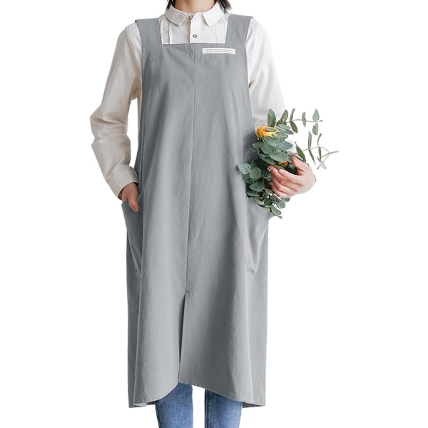 Cotton, linen, sand washing, comfortable clothes, work apron, home use. Cotton Aprons for Women and Men | Cross-Back Apron with Pockets grey