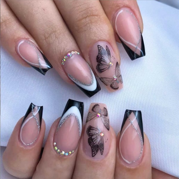 French Black Press on Nails Medium, Butterfly Fake Nails Naken Kista Akryl False Nails,Konstgjorda naglar för kvinnor och flickor-24st