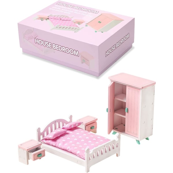 Wooden Doll House Furniture Set Colorful Pretend Play Toys with Wood Miniature Bedroom Dollhouse Accessories