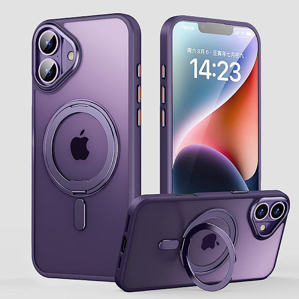 Magnetisk for iPhone 16 eller 16 Plus-deksel [Kompatibel med MagSafe], Gjennomsiktig slank bakdeksel med 360° roterbar ringstativ Purple iphone16