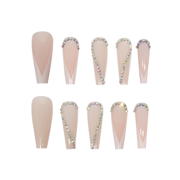 24 stk. Lange Firkantede Løsnegler Fransk Manikyr Trykk på Negler med Rhinestone Design Hvite Tupper Glansfulle Nude Falske Negler Full Dekning Lim på Negler