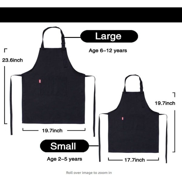 Barnförkläde och set, justerbart barnförkläde med 2 fickor Söta pojkar, flickor, köksförkläde för matlagning, bakning, målning (6-12 år, svart)