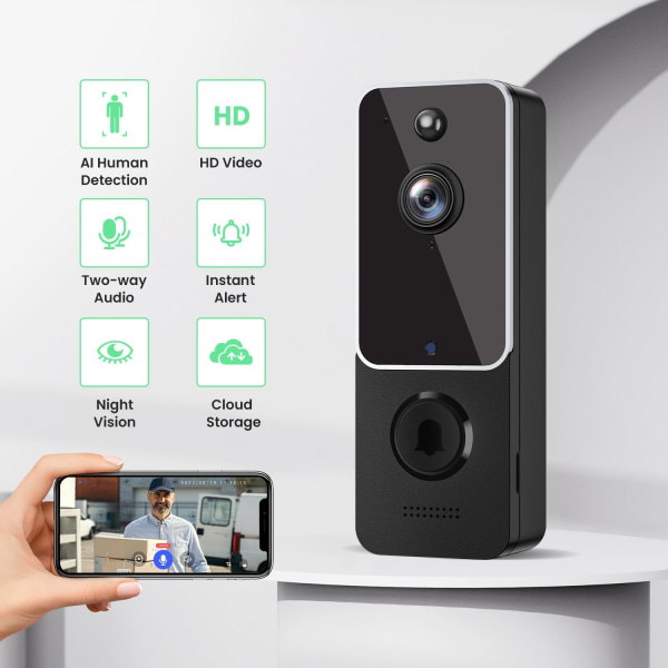 Smart videodörrklocka Säkerhetskamera utomhus medföljer ringklocka, trådlös och batteridriven, 2-vägs ljud, mänsklig upptäckt, nattseende, molnlagring