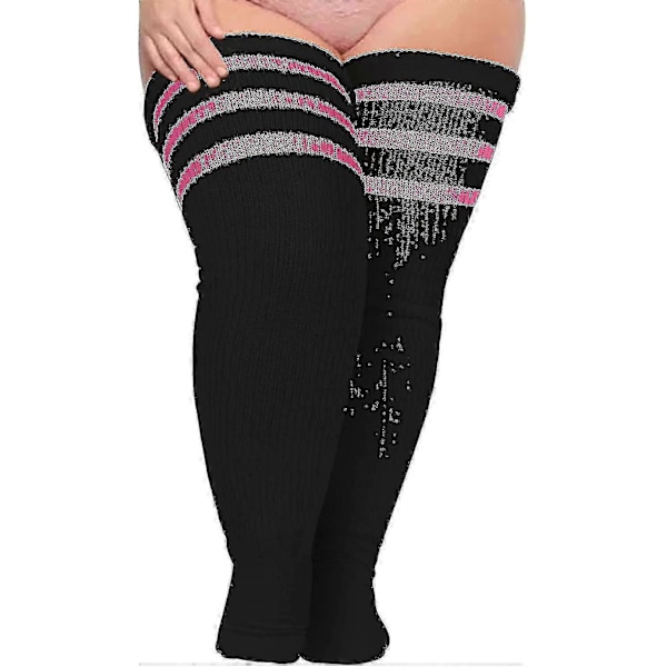Plus Size Dame Lårstrømper til Tykke Lår - Ekstra Lange Stribede Tykke Over Svart rosa