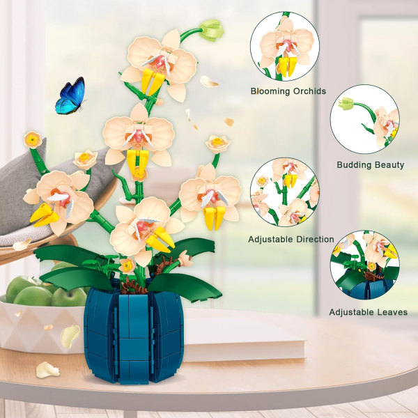 Orkidé Blomster Byggsats, Växt Byggstenar, Bygg Växt Dekor för Kvinnor Alla Hjärtans Dag Gåvor, Blomster Botanisk för Hem Inomhus Kontor Dekor