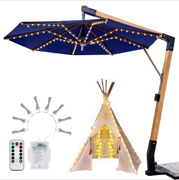 Outdoor Umbrella String Lights Battery Operated, Remote Control, Wat