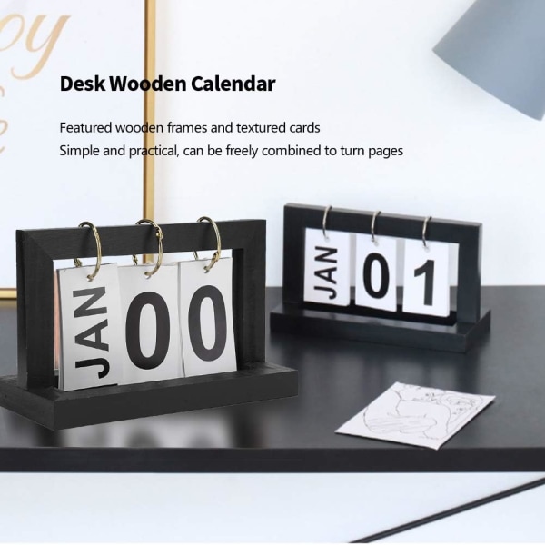 Tretrekalender i tre, studiedekorasjoner, trekalender med flipp, svart skrivebordskalender, ornament, kontor, enkel, retro, liten trepapir