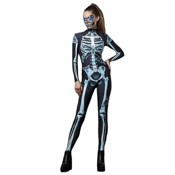 halloween skelet hovedskal 3d catsuit jumpsuit kvinder cosplay bodysuit fancy kjole, 100% ny XS