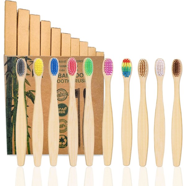 10 Color Kids Bamboo Toothbrushes BPA Free Soft Bristles Wooden Toothbrushes Biodegradable & Compostable Charcoal Toothbrushes - Economy Family Pack