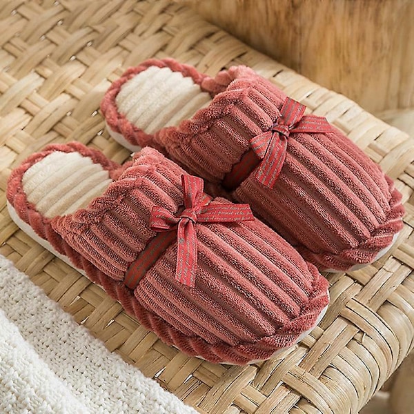 Dame Herre Cordfløyel Tøfler Soverom Innendørs Enkel Stripe Vinter Varme Par Hjemmesko Skin Red 40-41