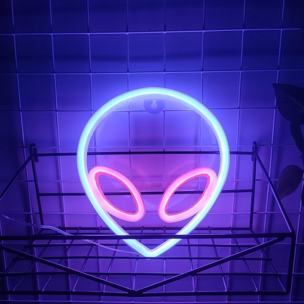 Alien Neon-kyltti, USB- tai 3-AA-paristokäyttöinen neonvalo, LED-pöytäkoriste, makuuhuoneen seinäkoriste, syntymäpäivälahja (sininen+pinkki)