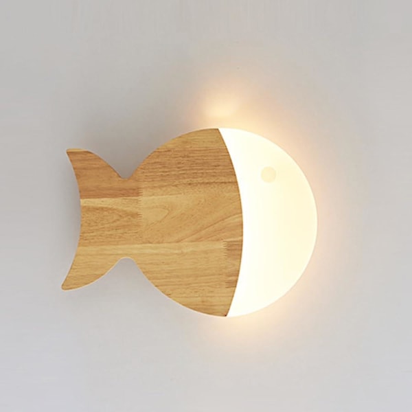 Vegglampe i tre med liten fisk, vegglampe for barnerom, dekorative vegglamper i tre, moderne LED-vegglamper 3000K
