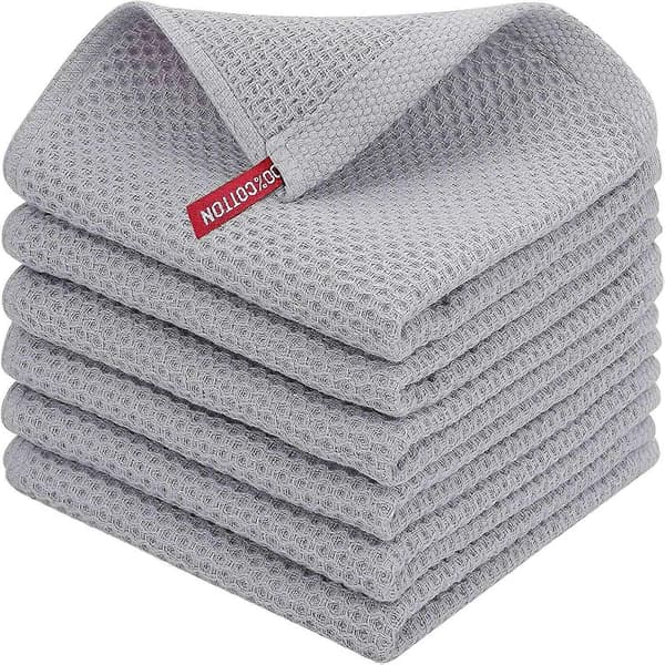 6-pack 34x34cm Waffle Weave Cotton Kitchen Towels, Quick-Drying and Absorbent Cleaning Cloth with Hanging Loop Light grey